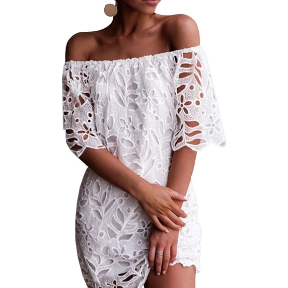 Off Shoulder Floral Lace Flare Sleeve Mini Dress - Picture 8 of 8